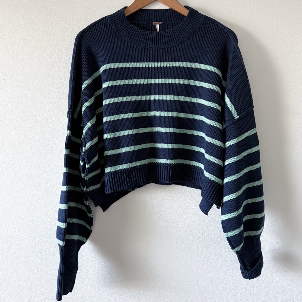 NWT Free People Easy Street Stripe Crop Pullover in Navy Combo size Medium